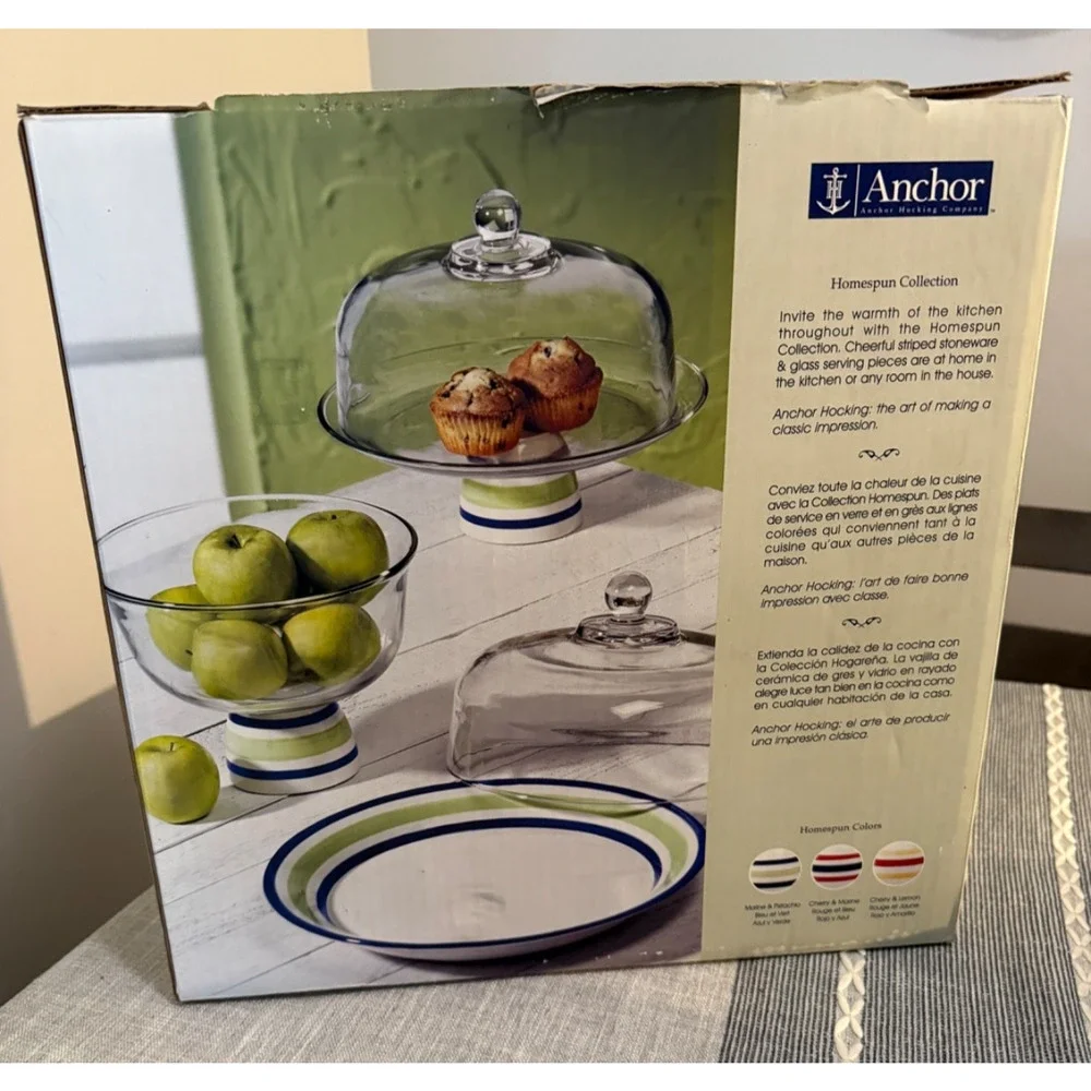 🇺🇸 Anchor Hocking Homespun 2-Piece Serving Set Red White Blue Glass Dome Plate